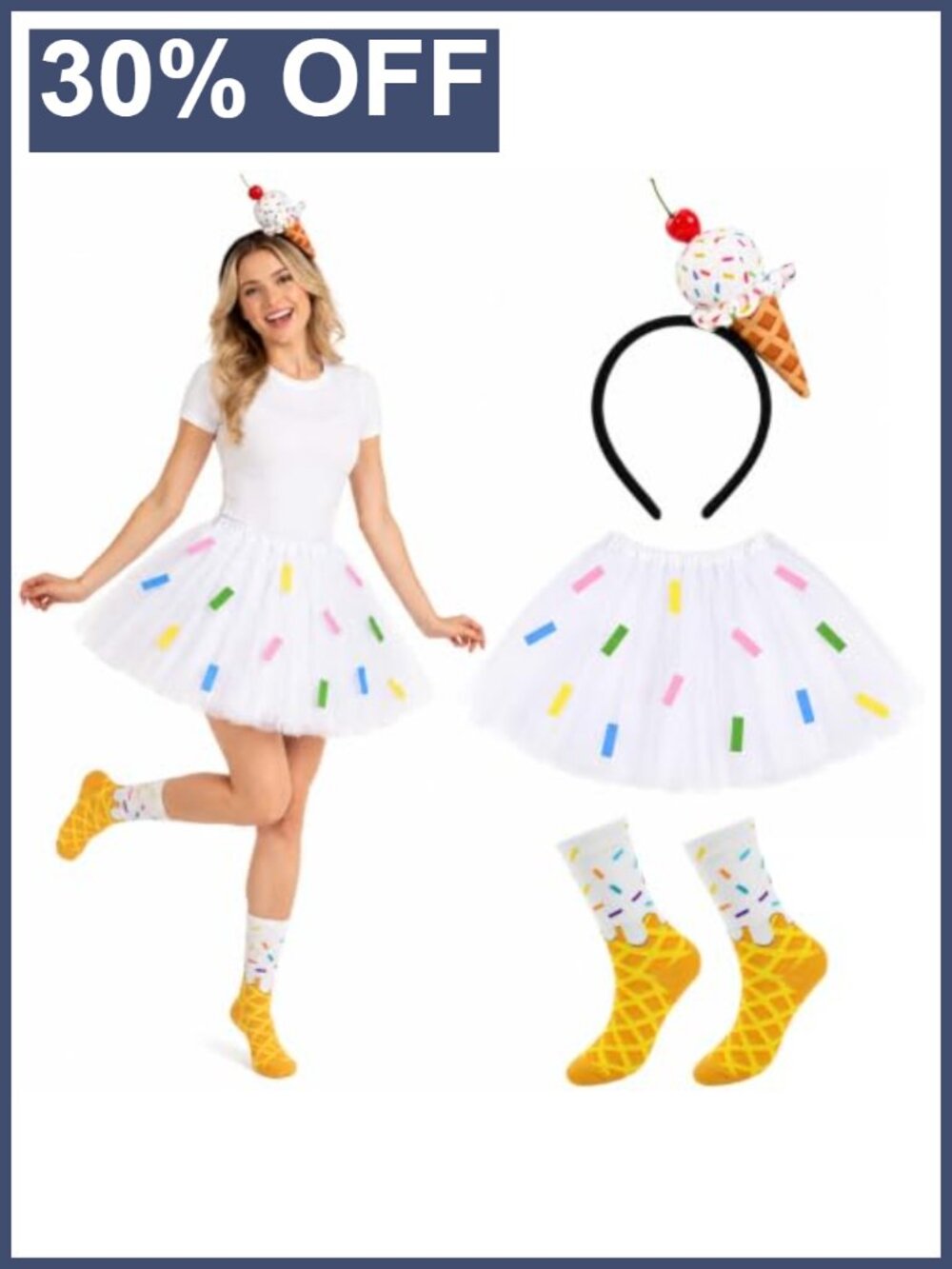 Ice Cream Costume Set Tutu Skirt with Headband & Socks, Women Cosplay Party
